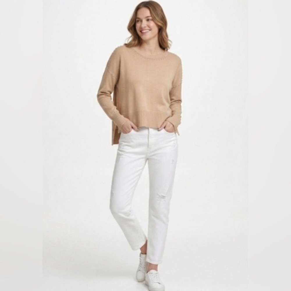 DKNY Womens Studded‎ High-Low Pullover Sweater Camel Beige XS Relaxed Fit